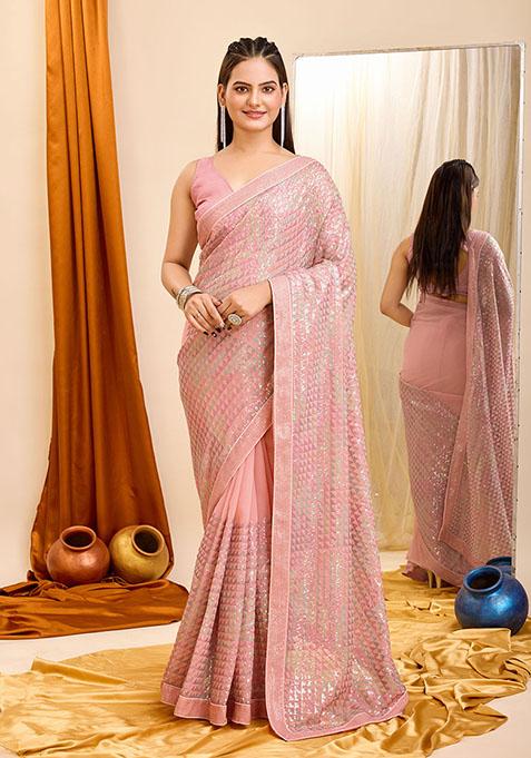 Pink Sequin Embroidered Georgette Saree Set