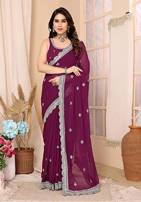 Wine Sequin Embroidered Chiffon Saree Set