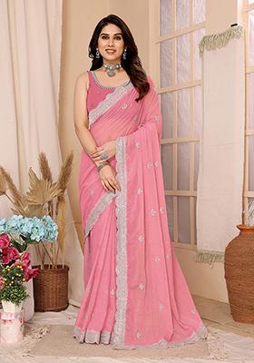 Pink Sequin Embroidered Chiffon Saree Set