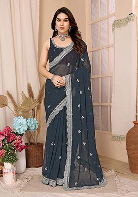 Grey Sequin Embroidered Chiffon Saree Set