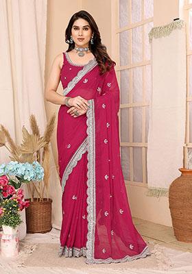 Pink Sequin Embroidered Chiffon Saree Set