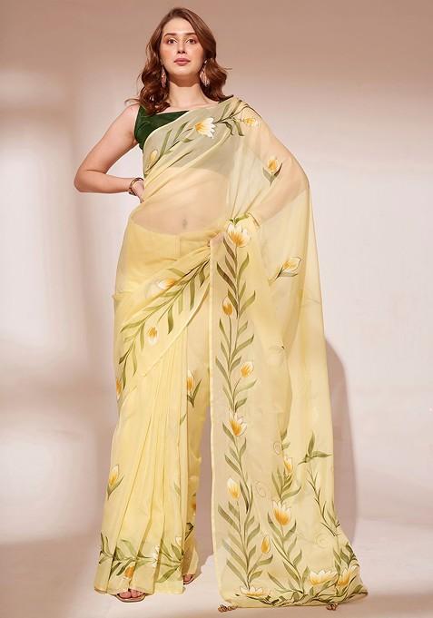 Yellow Abstract Print Organza Saree Set