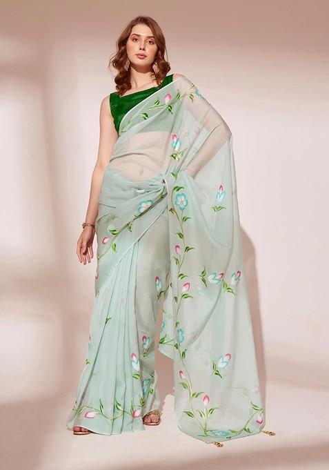 Green Abstract Print Organza Saree Set