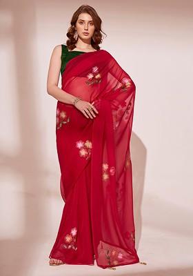 Red Abstract Print Organza Saree Set