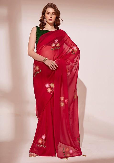 Red Abstract Print Organza Saree Set