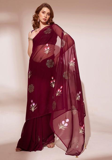 Wine Abstract Print Organza Saree Set