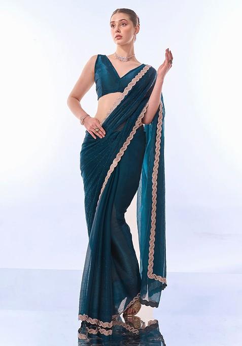 Teal Bead Embroidered Art Silk Saree Set