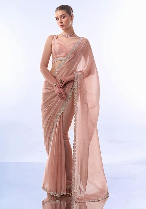 Peach Bead Embroidered Art Silk Saree Set