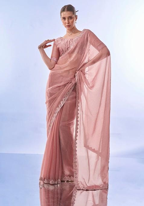 Pink Bead Embroidered Art Silk Saree Set