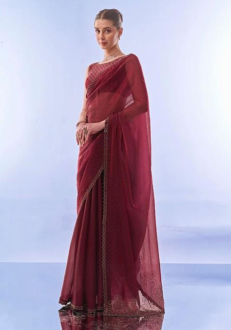 Maroon Bead Embroidered Art Silk Saree Set