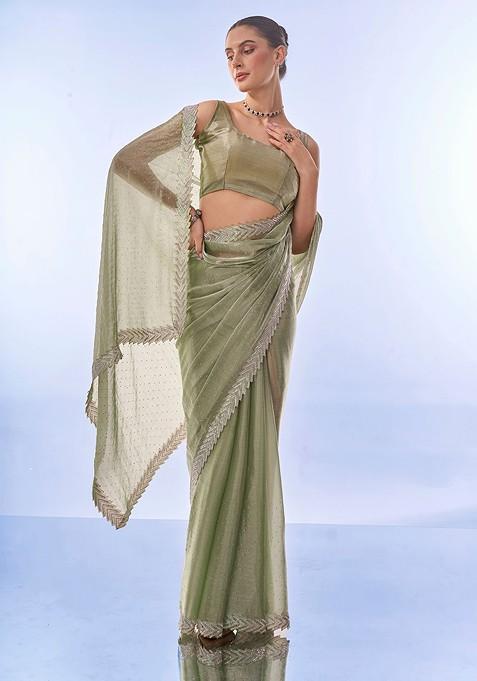 Green Bead Embroidered Art Silk Saree Set