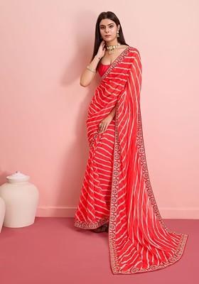 Red Embroidered Georgette Saree Set