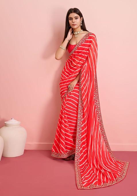 Red Embroidered Georgette Saree Set