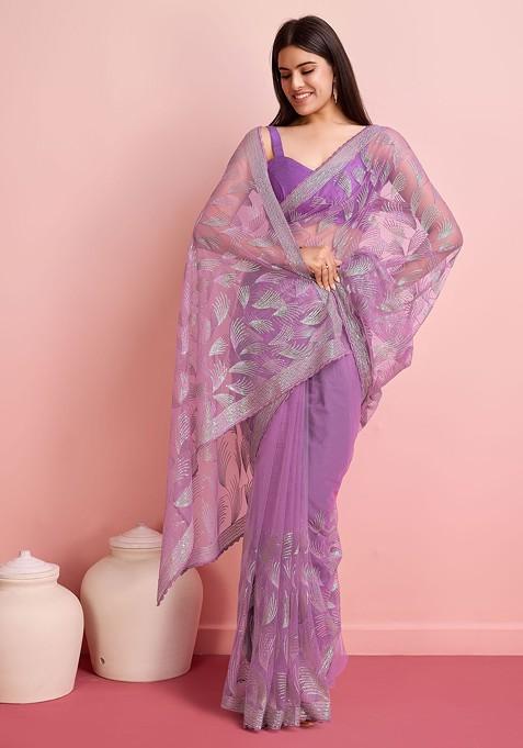 Purple Sequin Embroidered Net Saree Set