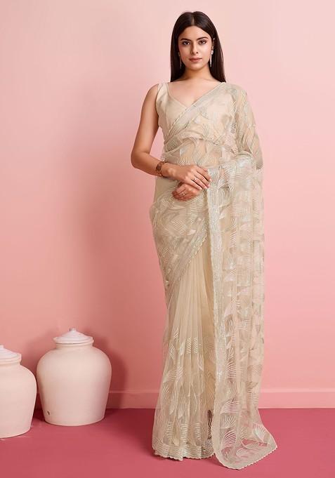 Beige Sequin Embroidered Net Saree Set