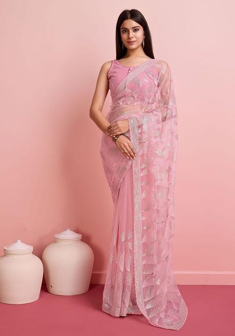 Pink Sequin Embroidered Net Saree Set