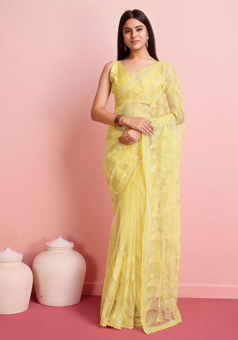 Yellow Sequin Embroidered Net Saree Set