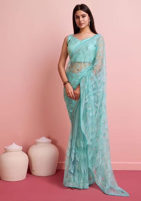 Sky Blue Sequin Embroidered Net Saree Set