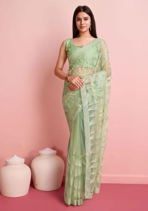 Green Sequin Embroidered Net Saree Set