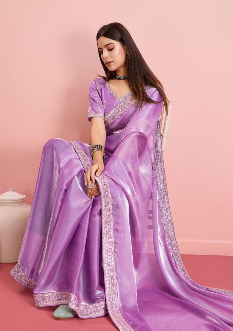 Purple Sequin Embroidered Art Silk Saree Set