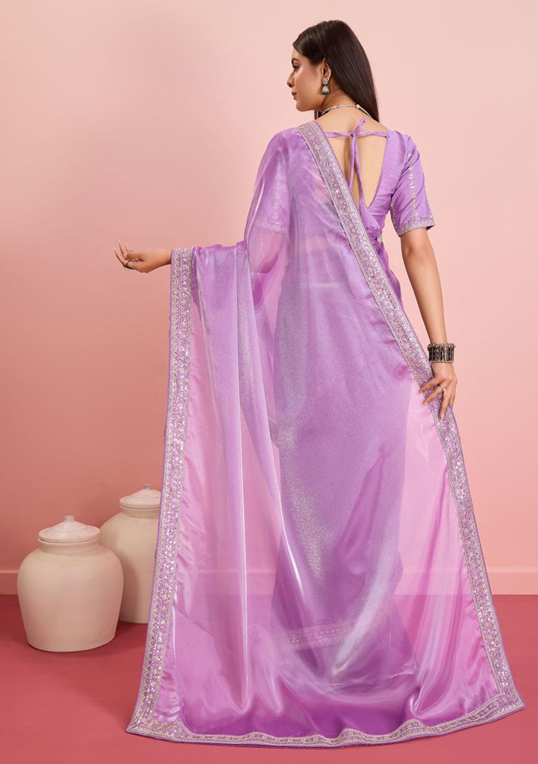 Purple Sequin Embroidered Art Silk Saree Set