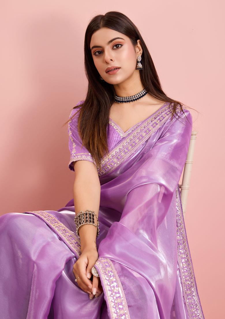 Purple Sequin Embroidered Art Silk Saree Set