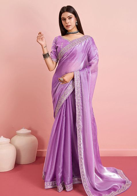 Purple Sequin Embroidered Art Silk Saree Set