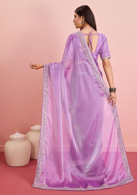 Purple Sequin Embroidered Art Silk Saree Set