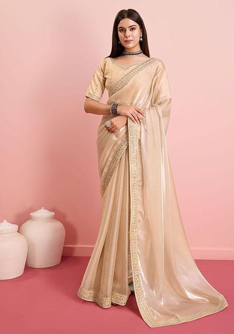 Beige Sequin Embroidered Art Silk Saree Set