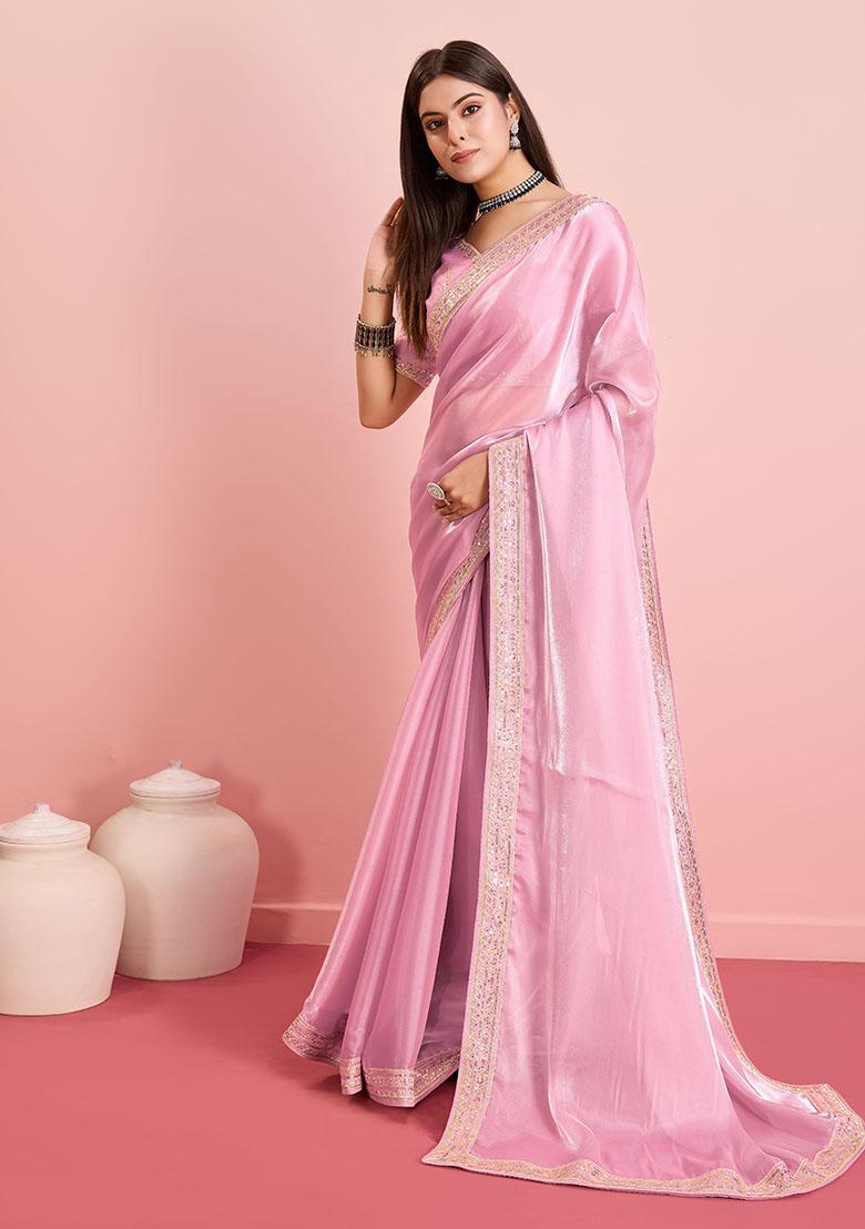 Pink Sequin Embroidered Art Silk Saree Set