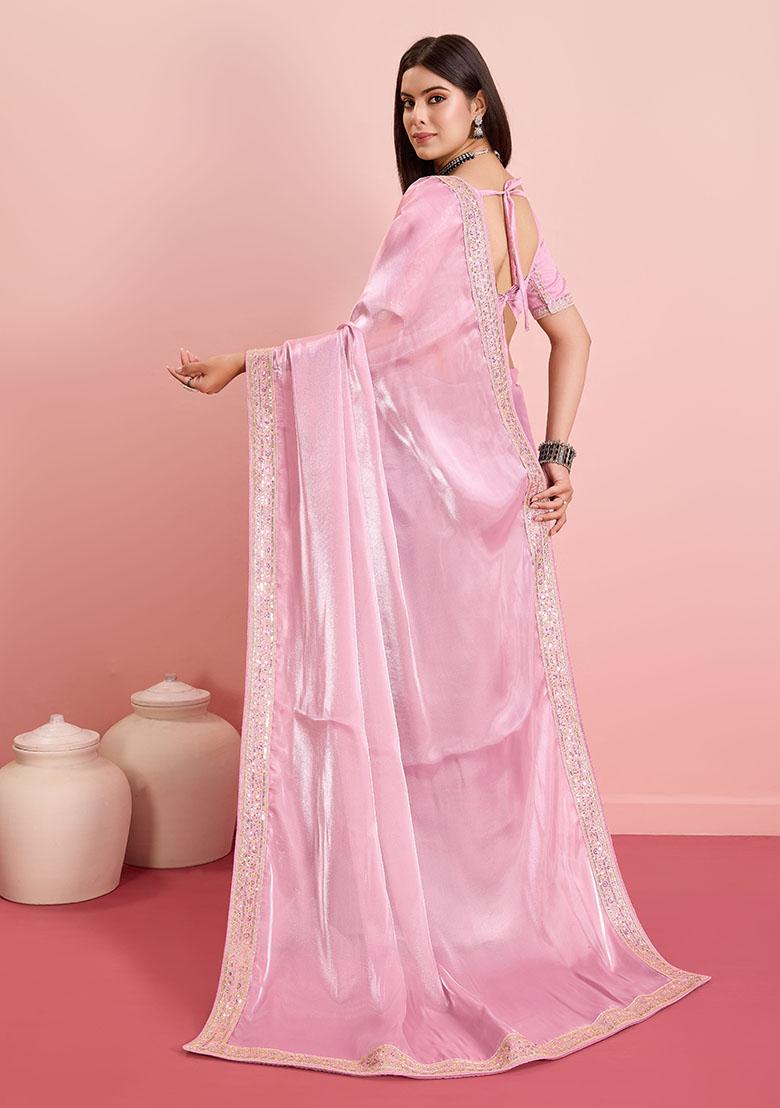 Pink Sequin Embroidered Art Silk Saree Set