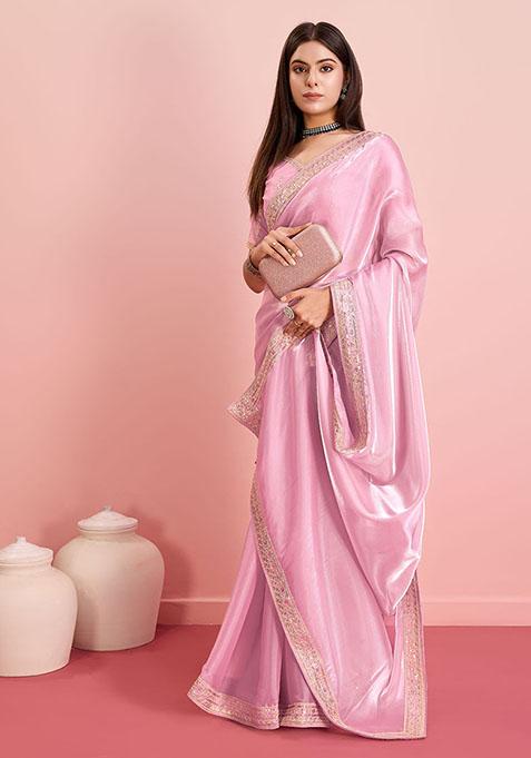 Pink Sequin Embroidered Art Silk Saree Set