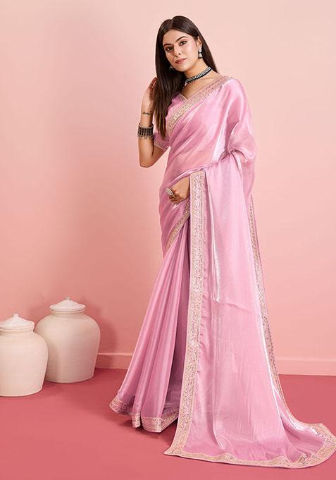 Pink Sequin Embroidered Art Silk Saree Set