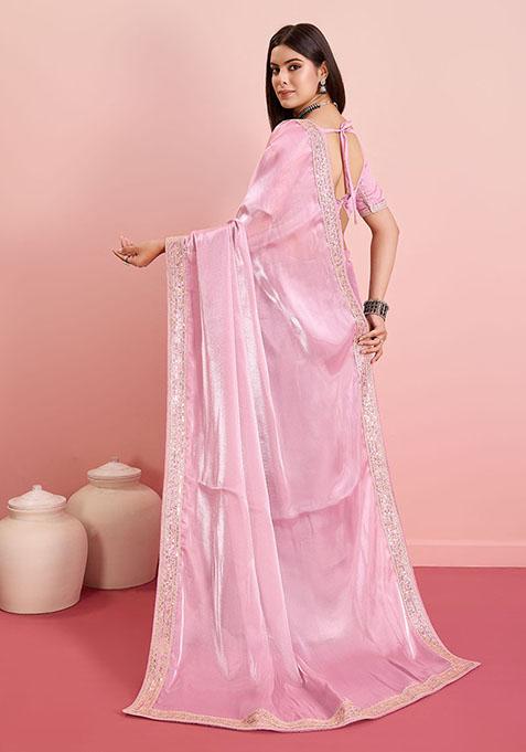 Pink Sequin Embroidered Art Silk Saree Set