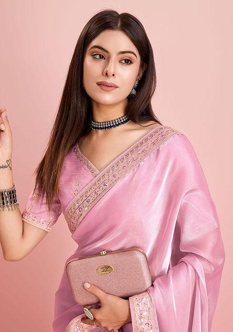 Pink Sequin Embroidered Art Silk Saree Set