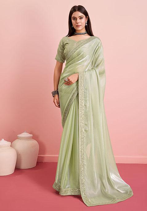 Green Sequin Embroidered Art Silk Saree Set