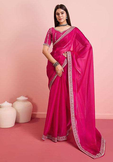 Pink Sequin Embroidered Art Silk Saree Set