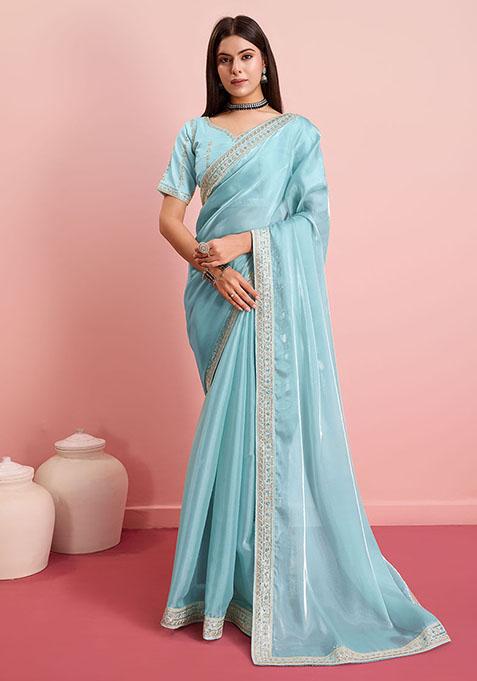 Sky Blue Sequin Embroidered Art Silk Saree Set