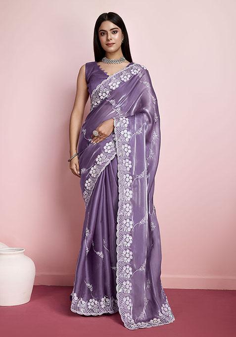 Purple Sequin Embroidered Art Silk Saree Set