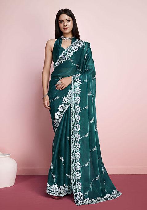 Green Sequin Embroidered Art Silk Saree Set