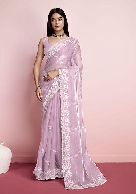 Pink Sequin Embroidered Art Silk Saree Set