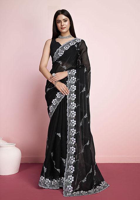 Black Sequin Embroidered Art Silk Saree Set