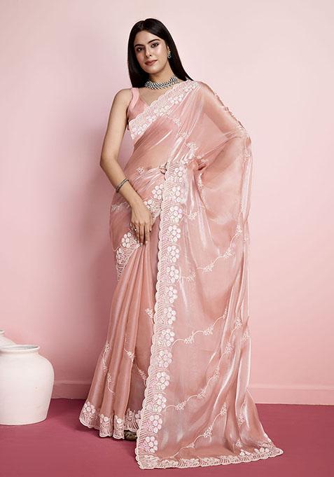 Peach Sequin Embroidered Art Silk Saree Set