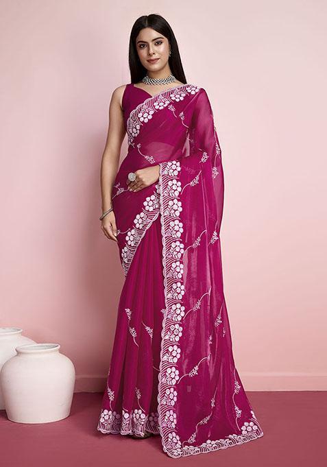 Pink Sequin Embroidered Art Silk Saree Set