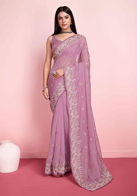 Pink Resham Embroidered Organza Saree Set