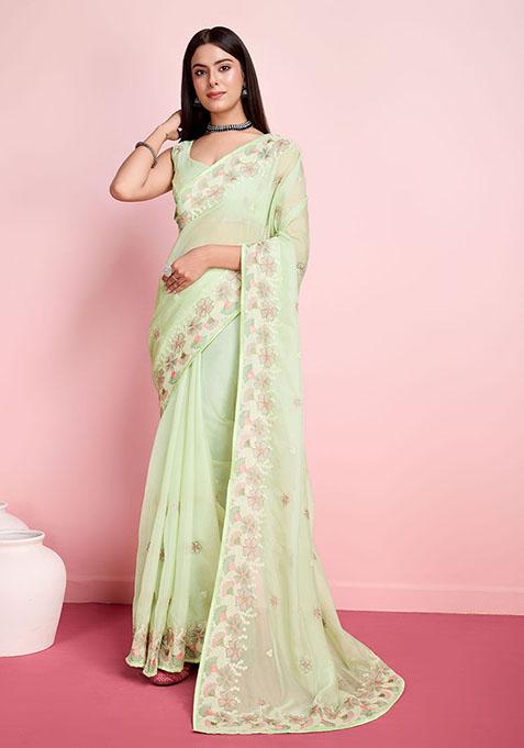 Green Resham Embroidered Organza Saree Set