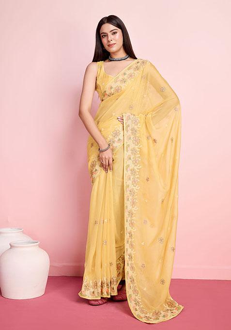 Yellow Resham Embroidered Organza Saree Set