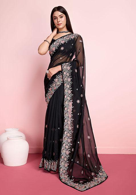 Black Resham Embroidered Organza Saree Set