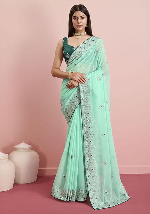 Sea Green Resham Embroidered Georgette Saree Set