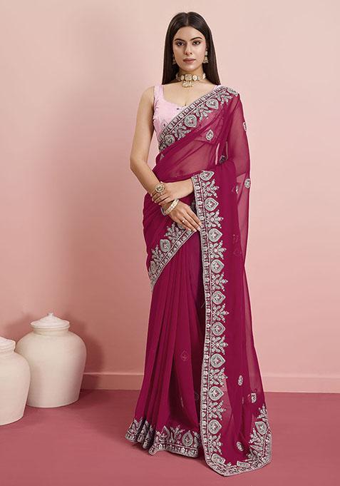 Pink Resham Embroidered Georgette Saree Set